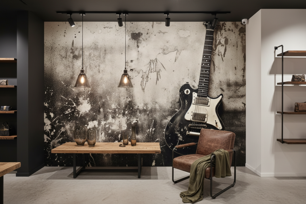 Guitare électrique vintage sur mur grunge urbain industriel - Boutique