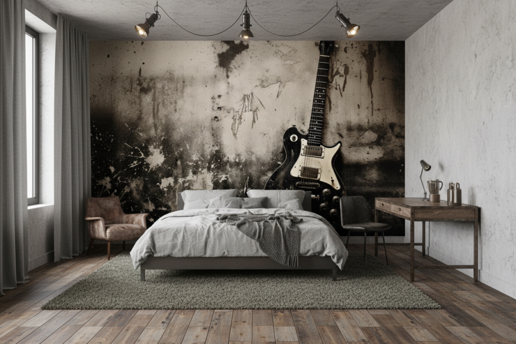 Guitare électrique vintage sur mur grunge urbain industriel - Chambre ado