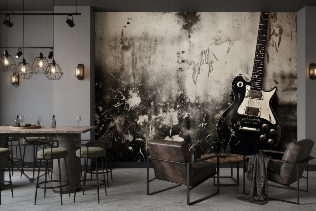 Guitare électrique vintage sur mur grunge urbain industriel - Restaurant