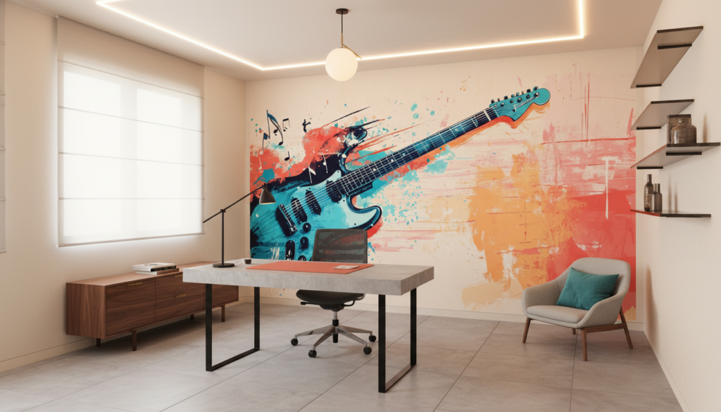 Guitare électrique artistique avec explosion de couleurs et notes musicales - Bureau