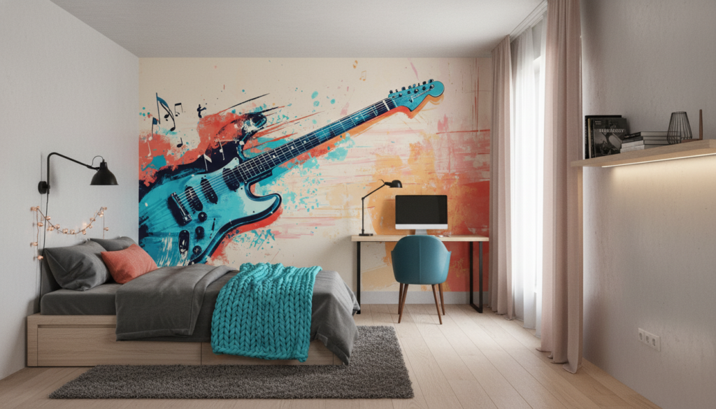 Guitare électrique artistique avec explosion de couleurs et notes musicales - Chambre ado