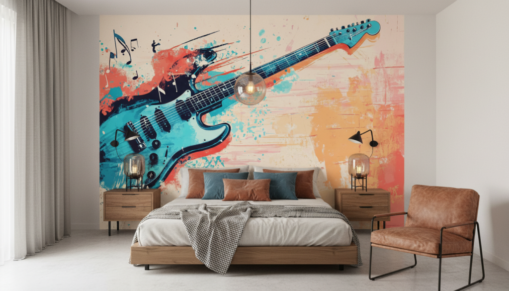Guitare électrique artistique avec explosion de couleurs et notes musicales - Chambre adulte