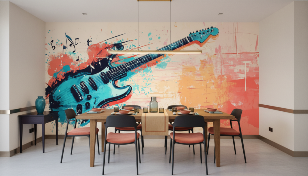Guitare électrique artistique avec explosion de couleurs et notes musicales - Salle à manger