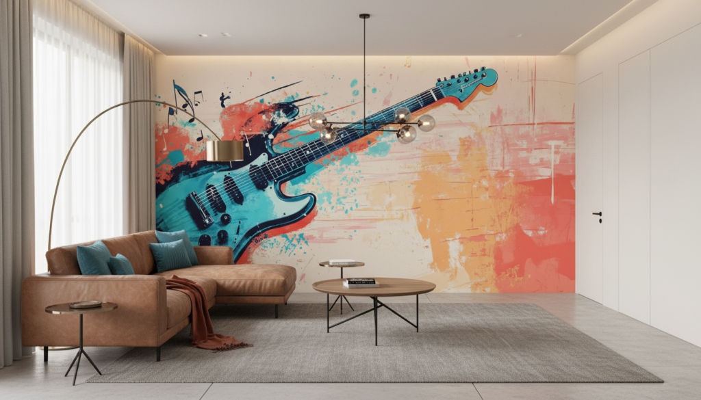 Guitare électrique artistique avec explosion de couleurs et notes musicales - Salon / Séjour