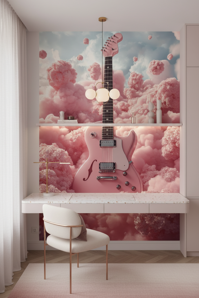 Guitare Rose Électrique dans Nuages Coton Candy Surréaliste - Bureau