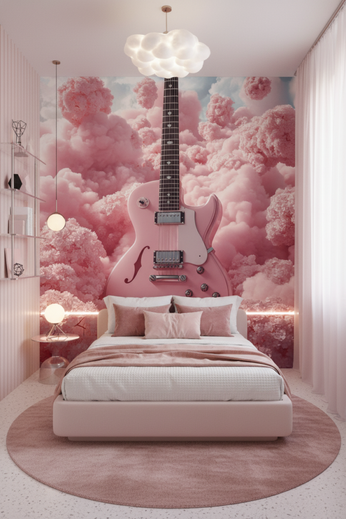 Guitare Rose Électrique dans Nuages Coton Candy Surréaliste - Chambre ado