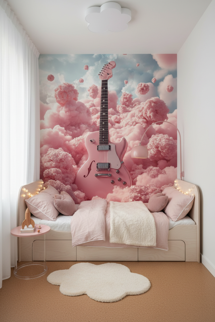 Guitare Rose Électrique dans Nuages Coton Candy Surréaliste - Chambre enfant