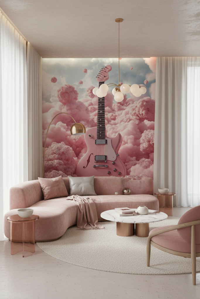Guitare Rose Électrique dans Nuages Coton Candy Surréaliste - Salon / Séjour