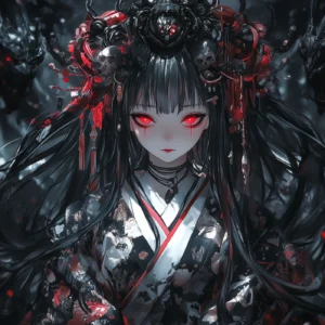 Guerrière Anime aux Yeux Rouges avec Armure Mécanique Sombre