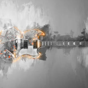 Papier peint guitare électrique artistique effet peinture grise et orange
