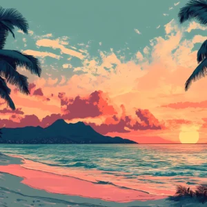 Papier Peint Coucher de Soleil Tropical avec Palmiers et Plage