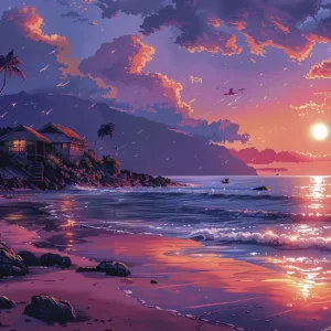 Coucher de soleil tropical sur plage paradisiaque aux tons violets