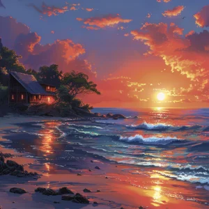 Papier peint coucher de soleil tropical cabane océan