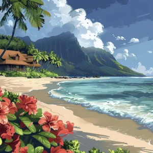 Papier Peint Tropical Plage Paradisiaque avec Hibiscus et Montagne