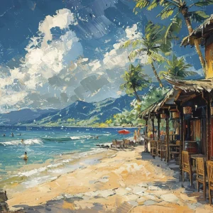 Papier Peint Tropical Beach Bar Peinture à l'Huile Vintage