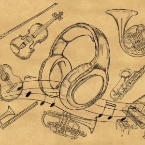 Papier Peint Musical Vintage avec Instruments et Partitions Classiques