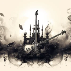 Papier Peint Guitare Gothique avec Château et Volutes de Fumée