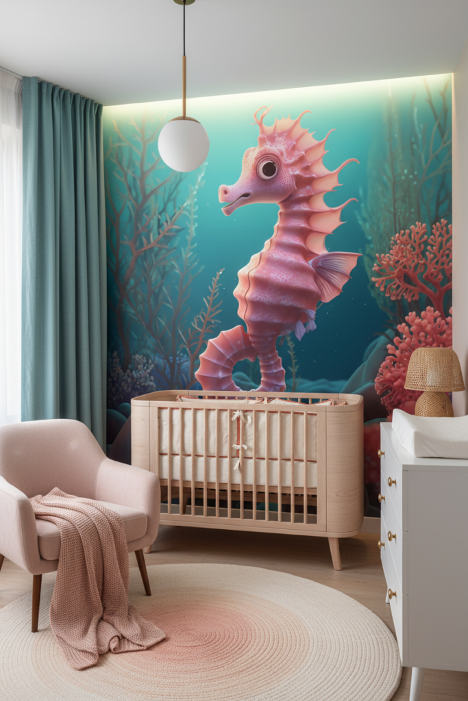 Hippocampe Rose Fantaisique dans Jardin Aquatique Turquoise Enchanteur - Chambre bébé