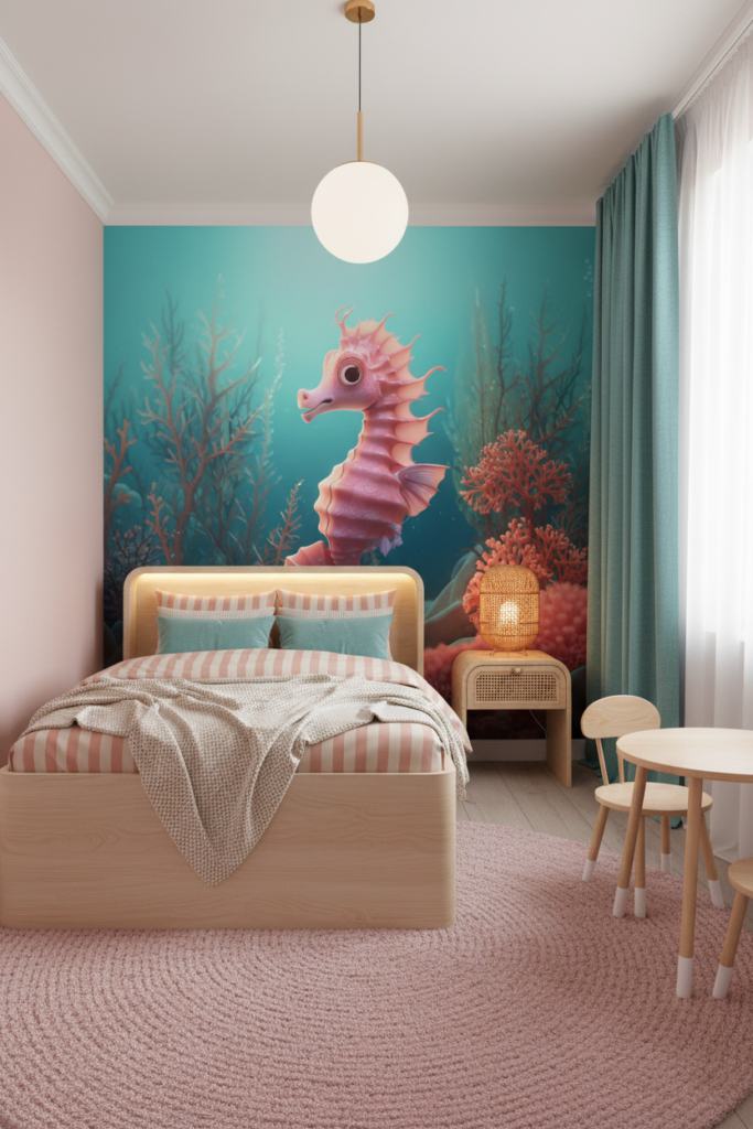 Hippocampe Rose Fantaisique dans Jardin Aquatique Turquoise Enchanteur - Chambre enfant