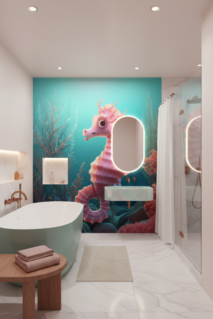 Hippocampe Rose Fantaisique dans Jardin Aquatique Turquoise Enchanteur - Salle de bain