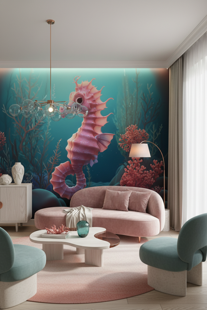 Hippocampe Rose Fantaisique dans Jardin Aquatique Turquoise Enchanteur - Salon / Séjour
