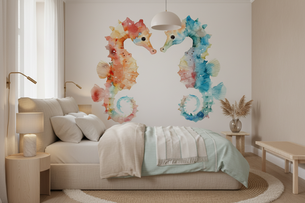 Hippocampes aquarelle colorés pour décoration marine douce et artistique - Chambre adulte