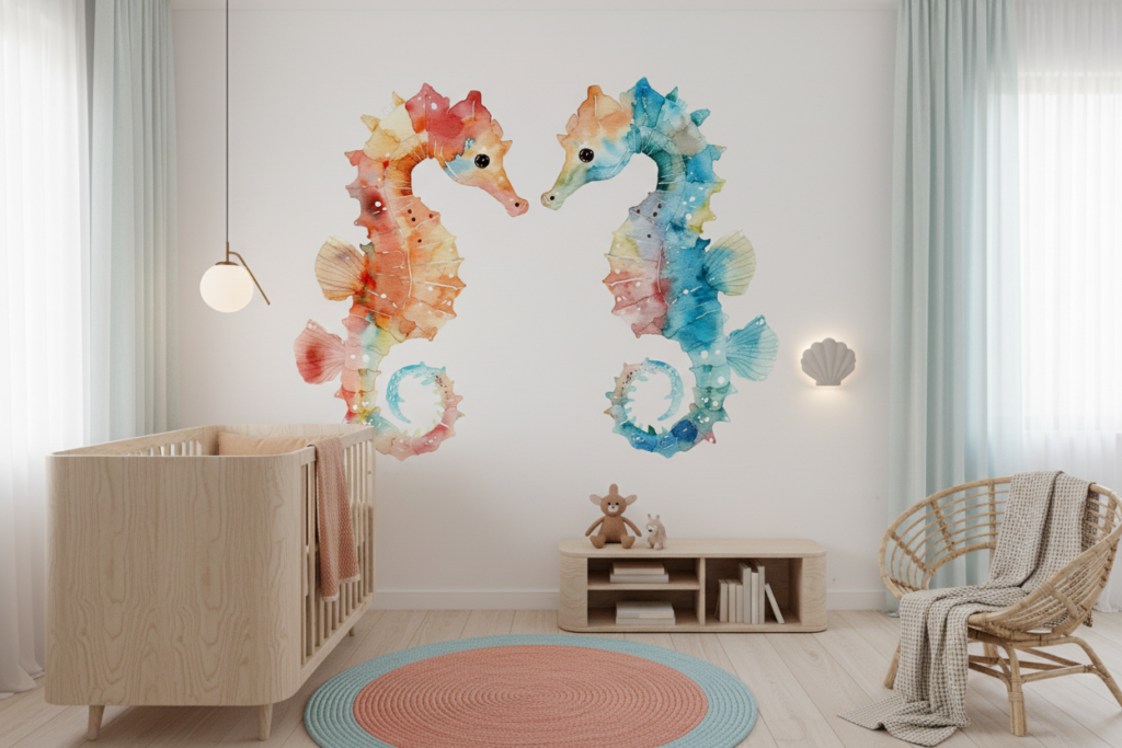 Hippocampes aquarelle colorés pour décoration marine douce et artistique - Chambre bébé