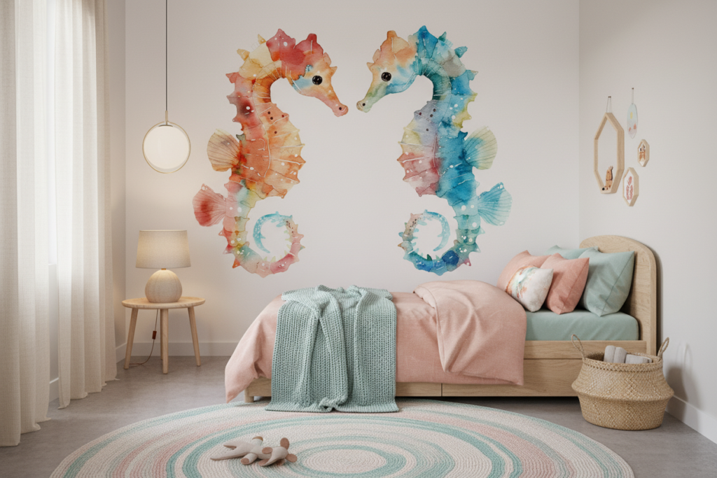 Hippocampes aquarelle colorés pour décoration marine douce et artistique - Chambre enfant