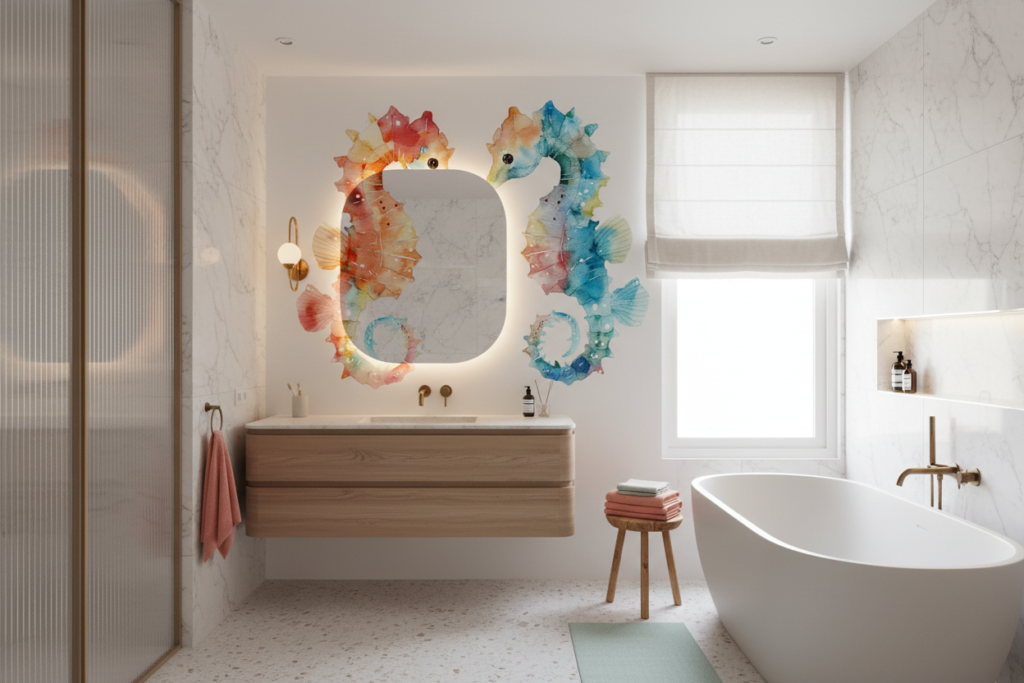 Hippocampes aquarelle colorés pour décoration marine douce et artistique - Salle de bain