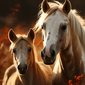 Papier peint chevaux dorés mère et poulain lumière chaude automne