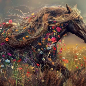 Cheval mystique aux fleurs sauvages dans prairie dorée enchantée