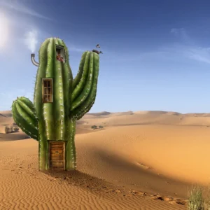 Cactus Habitable dans le Désert - Papier Peint Fantaisie Surréaliste