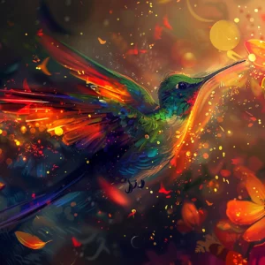 Papier Peint Colibri Fantastique aux Fleurs Lumineuses et Éclaboussures Colorées