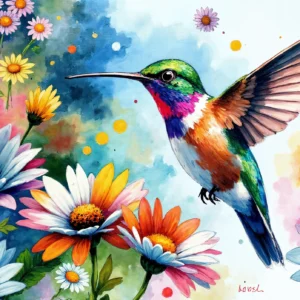 Colibri Tropical sur Fond de Marguerites Multicolores Aquarelle