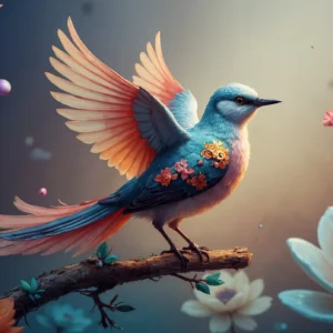 Papier peint oiseau tropical bleu et orange avec fleurs exotiques