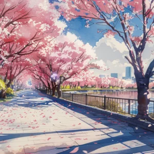 Papier peint paysage urbain cerisiers en fleurs rose romantique