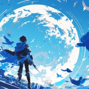 Papier peint anime guerrier épée oiseaux tourbillon bleu mystique