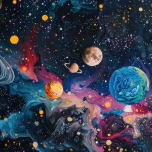 Papier peint cosmos fantastique avec planètes colorées et galaxies mystérieuses