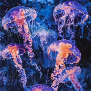 Papier Peint Méduses Luminescentes Océan Bleu Fantastique Aquatique