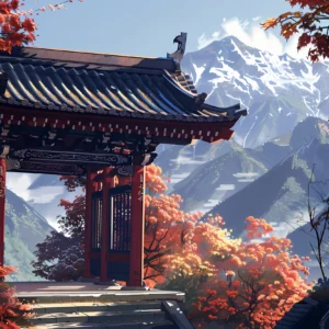 Papier peint temple japonais automne montagne paysage zen asiatique