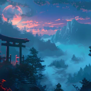 Paysage mystique japonais avec torii sous lune rose et brume