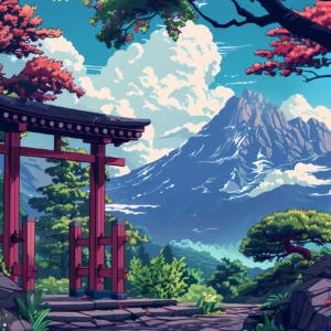 Paysage Japonais avec Torii et Montagne sous Cerisiers en Fleurs