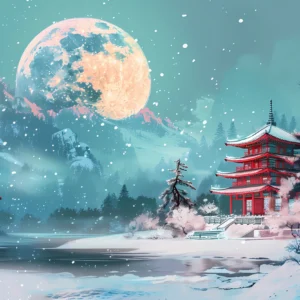 Pagode Japonaise sous Lune Dorée dans Paysage Hivernal Mystique