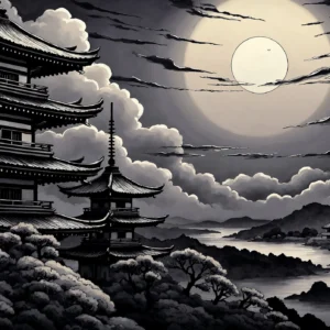 Paysage Japonais Nocturne Pagode Temple Architecture Traditionnelle Lune Nuages