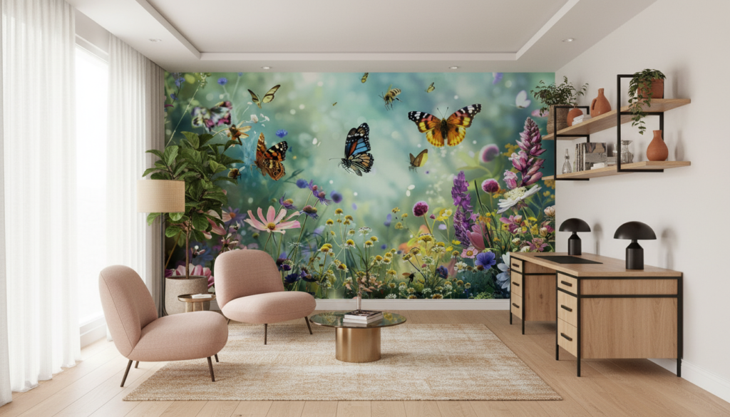Jardin Enchantée avec Papillons Colorés et Fleurs Sauvages Champêtres - Bureau