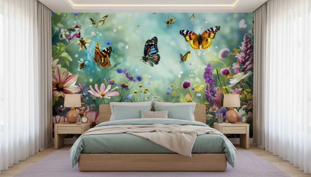 Jardin Enchantée avec Papillons Colorés et Fleurs Sauvages Champêtres - Chambre adulte