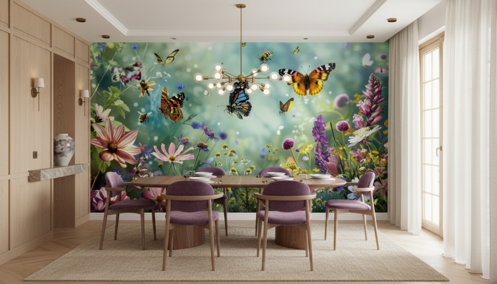 Jardin Enchantée avec Papillons Colorés et Fleurs Sauvages Champêtres - Salle à manger