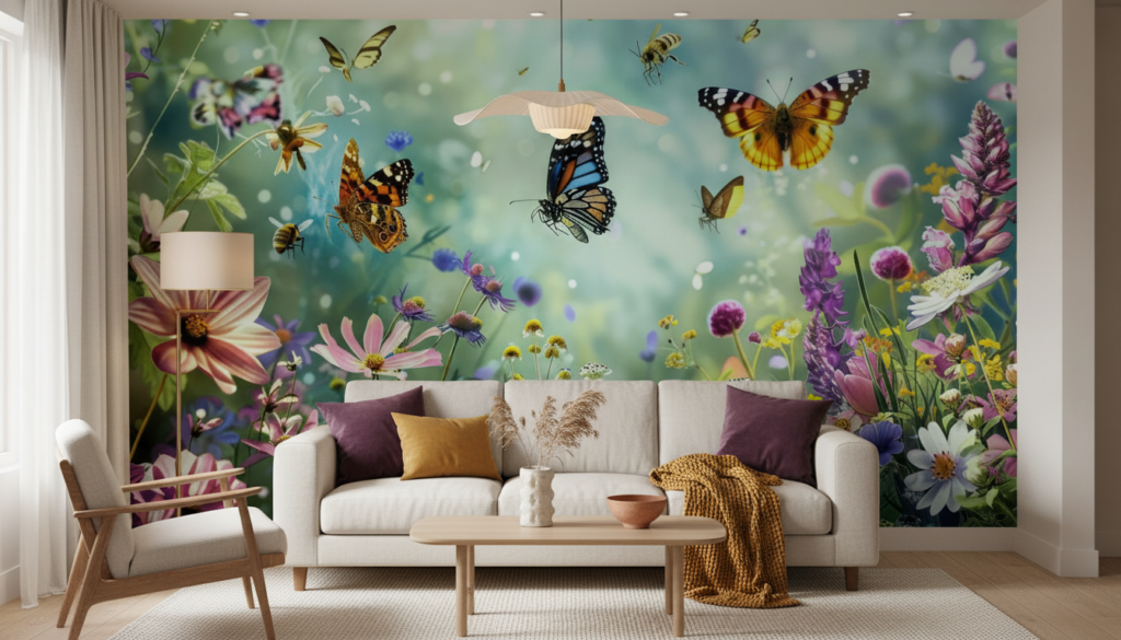 Jardin Enchantée avec Papillons Colorés et Fleurs Sauvages Champêtres - Salon / Séjour