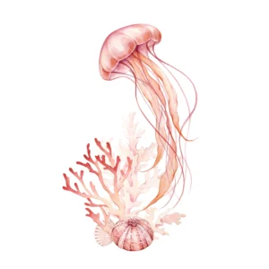 Papier Peint Aquarelle Méduse et Coraux Roses Ambiance Marine