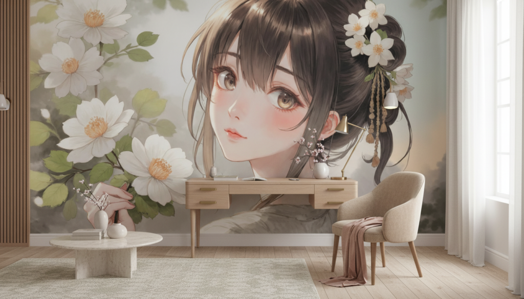 Jeune femme aux fleurs de cerisier style manga japonais - Bureau